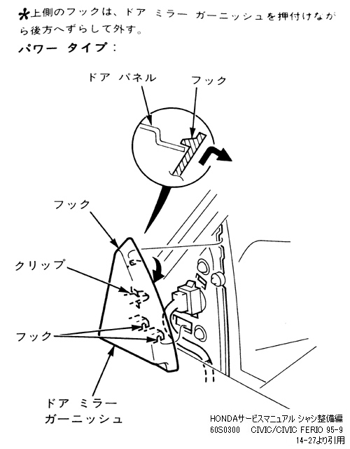 サービスマニュアルよりドアミラーガーニッシュの取り外し方法