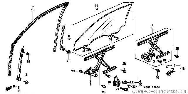 ドアーガラス/ドアーレギュレーター系のパーツリスト