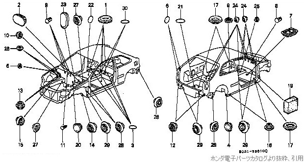 パーツリスト上で表示されるグロメットたち